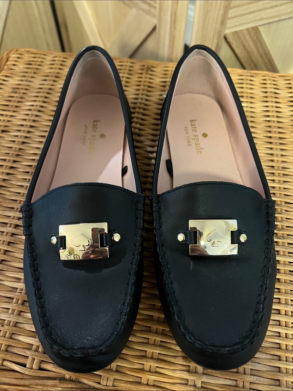 kate spade Black Leather Loafers with Gold Plaque